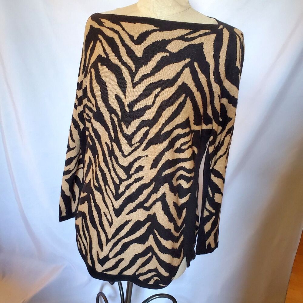 Cabi Dani Pullover Sweater Black Lt Brown Tiger Striped Oversized XXS?-S/M